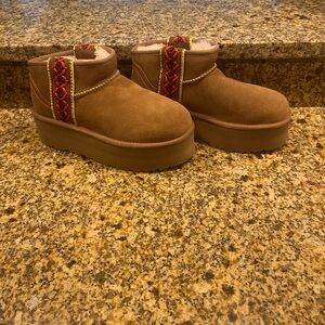 UGG Brown Ankle Boots with Red Accents